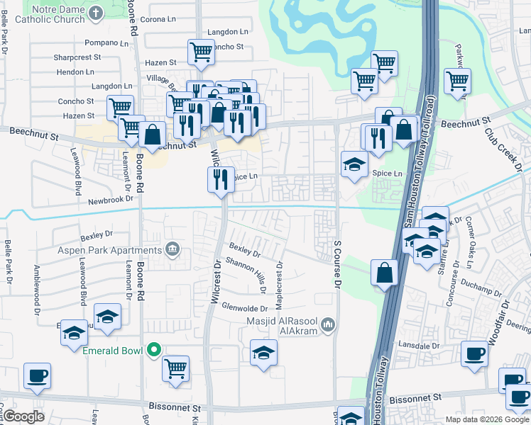 map of restaurants, bars, coffee shops, grocery stores, and more near 8602 Maplecrest Drive in Houston