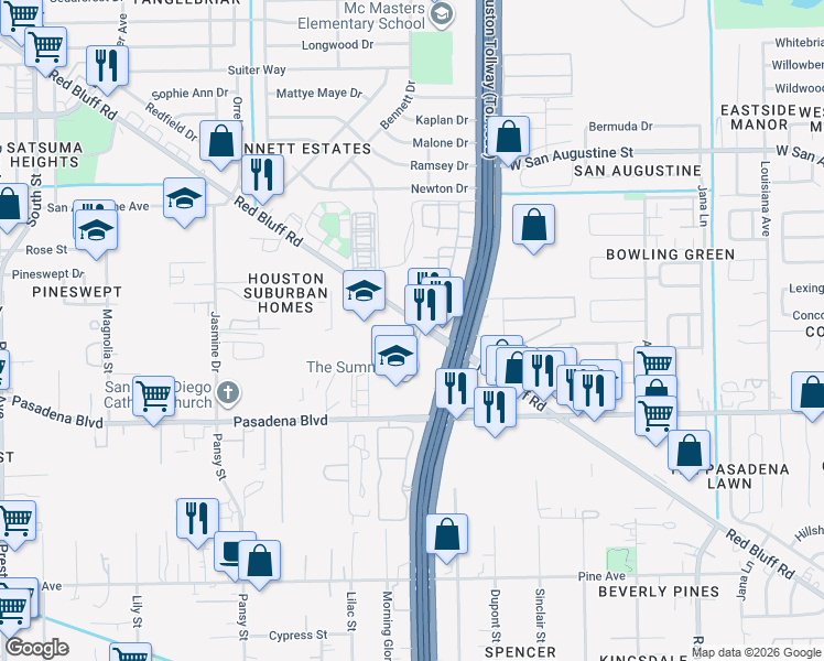 map of restaurants, bars, coffee shops, grocery stores, and more near 3716-3724 Red Bluff Road in Pasadena