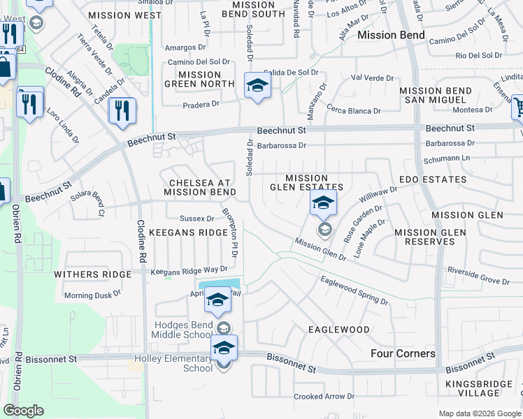 map of restaurants, bars, coffee shops, grocery stores, and more near 16219 April Ridge Drive in Houston