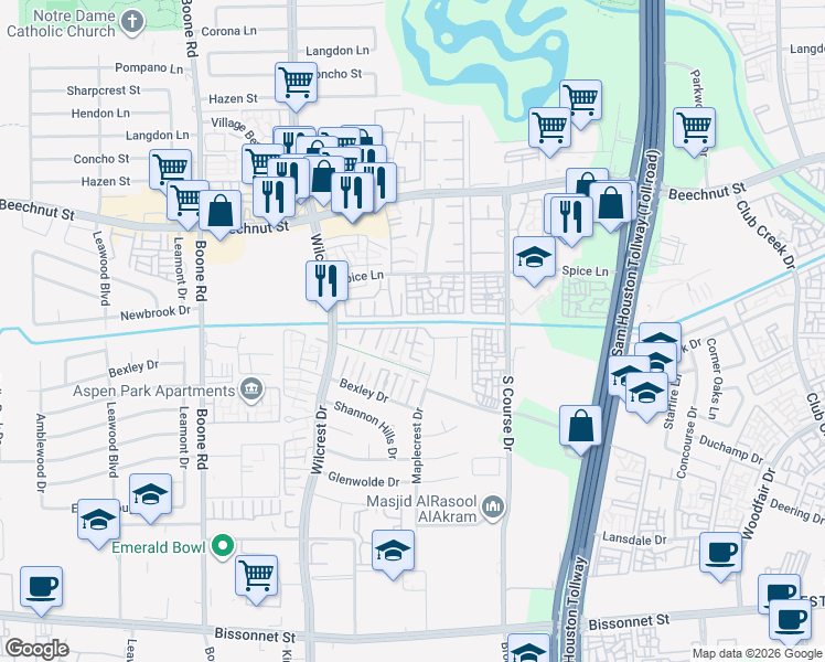map of restaurants, bars, coffee shops, grocery stores, and more near 8602 Maplecrest Drive in Houston