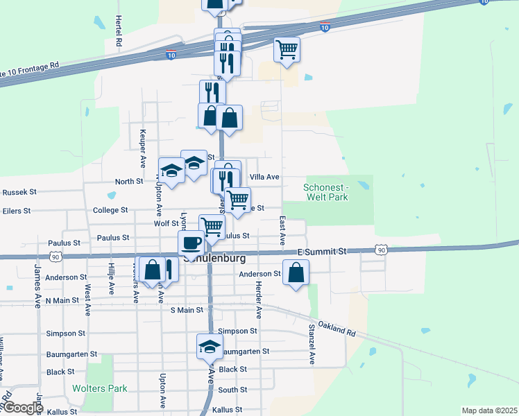 map of restaurants, bars, coffee shops, grocery stores, and more near 150 College Street in Schulenburg