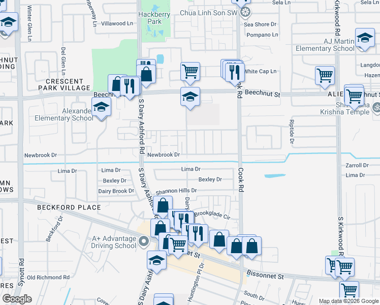 map of restaurants, bars, coffee shops, grocery stores, and more near 12450 Wellington Park Drive in Houston