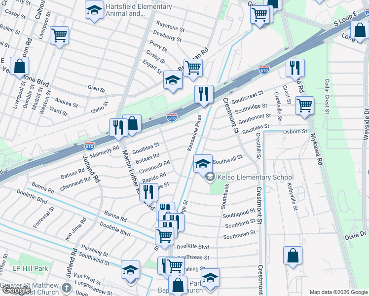 map of restaurants, bars, coffee shops, grocery stores, and more near 5533 Bataan Road in Houston