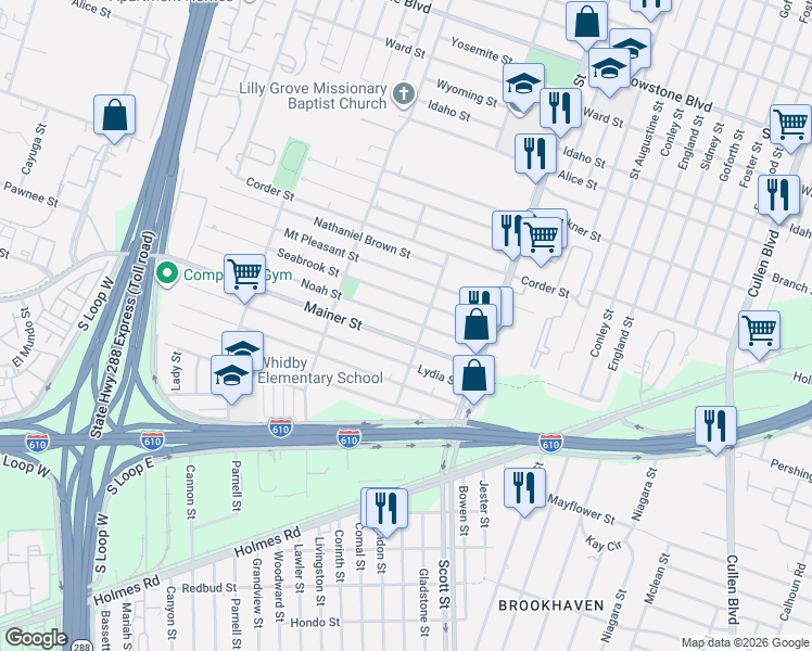 map of restaurants, bars, coffee shops, grocery stores, and more near 3725 Noah Street in Houston