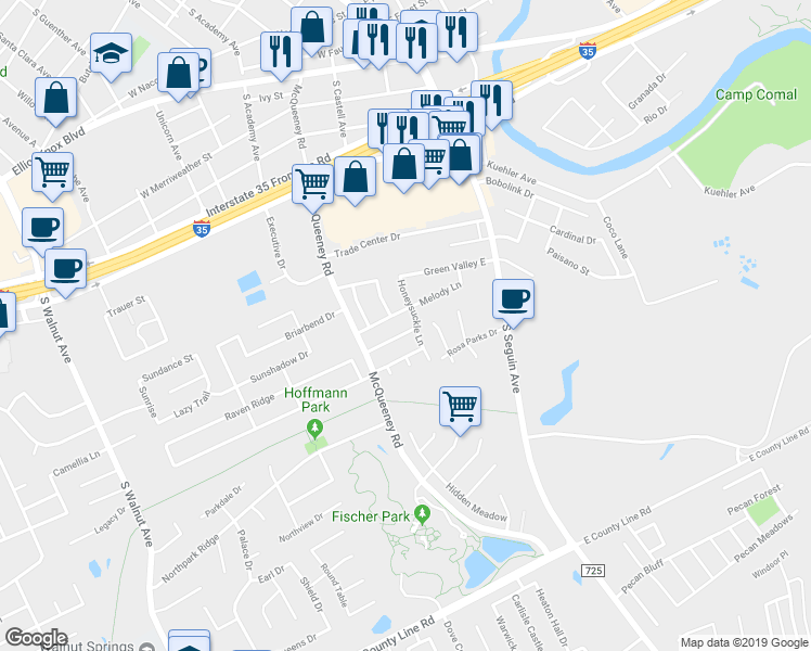 map of restaurants, bars, coffee shops, grocery stores, and more near 1525 Wisteria Lane in New Braunfels