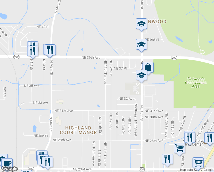 map of restaurants, bars, coffee shops, grocery stores, and more near 3419 Northeast 11th Terrace in Gainesville
