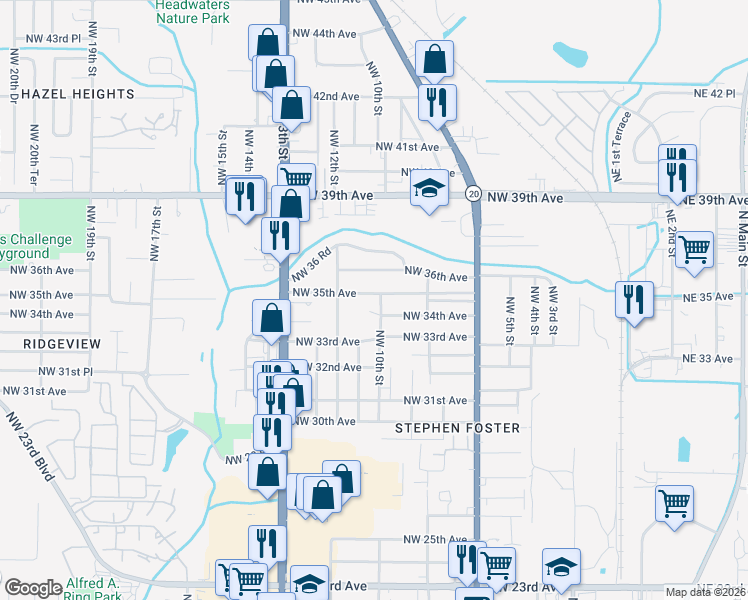 map of restaurants, bars, coffee shops, grocery stores, and more near 1004 Northwest 35th Avenue in Gainesville