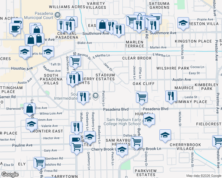 map of restaurants, bars, coffee shops, grocery stores, and more near 1902 Linda Lane in Pasadena