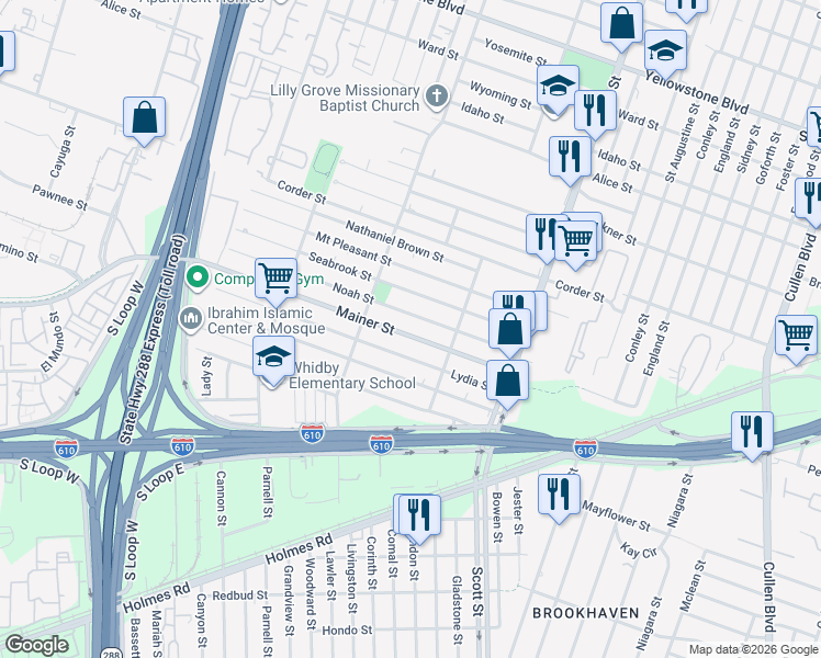 map of restaurants, bars, coffee shops, grocery stores, and more near 3630 Noah Street in Houston