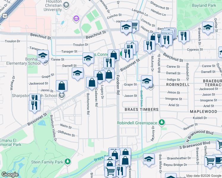 map of restaurants, bars, coffee shops, grocery stores, and more near 8710 Fondren Road in Houston