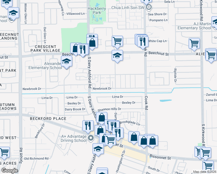 map of restaurants, bars, coffee shops, grocery stores, and more near 12516 Newbrook Drive in Houston