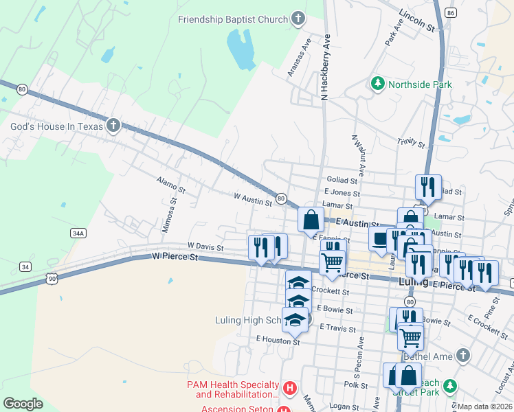 map of restaurants, bars, coffee shops, grocery stores, and more near 204 West Austin Street in Luling