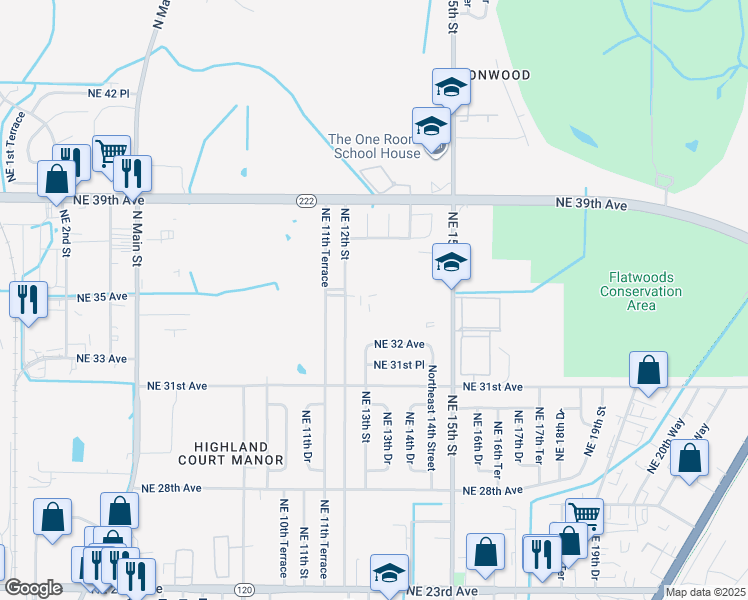 map of restaurants, bars, coffee shops, grocery stores, and more near 3501 Northeast 12th Street in Gainesville