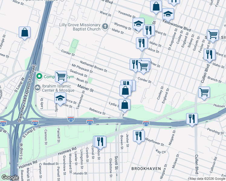 map of restaurants, bars, coffee shops, grocery stores, and more near 3814 Seabrook Street in Houston