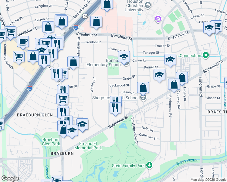 map of restaurants, bars, coffee shops, grocery stores, and more near 208 Brae Acres Road in Houston
