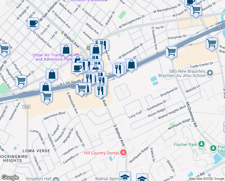 map of restaurants, bars, coffee shops, grocery stores, and more near 1044 Linde Avenue in New Braunfels