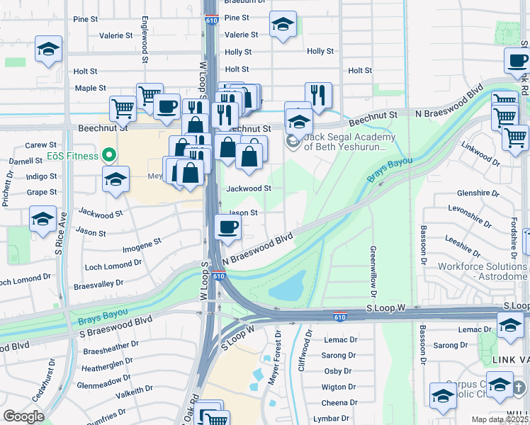 map of restaurants, bars, coffee shops, grocery stores, and more near 8899 Meyer Park Drive in Houston