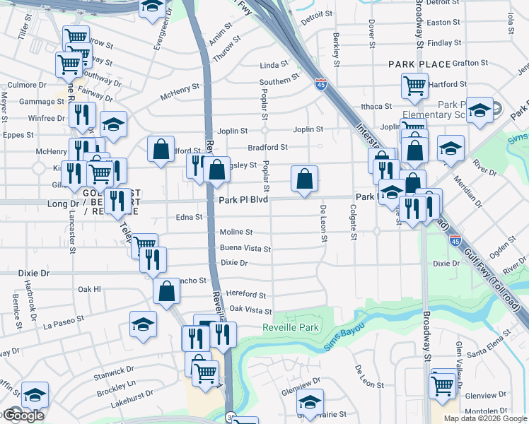 map of restaurants, bars, coffee shops, grocery stores, and more near 7654 Park Place Boulevard in Houston