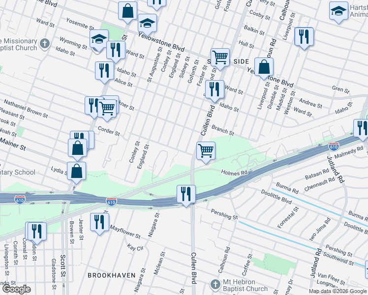 map of restaurants, bars, coffee shops, grocery stores, and more near 7130 Eastwood Street in Houston