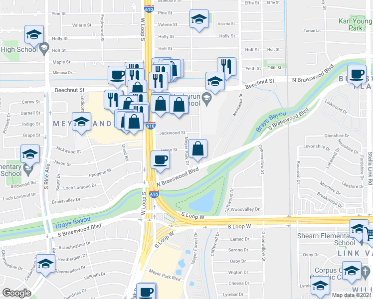 map of restaurants, bars, coffee shops, grocery stores, and more near 4614 Jason Street in Houston