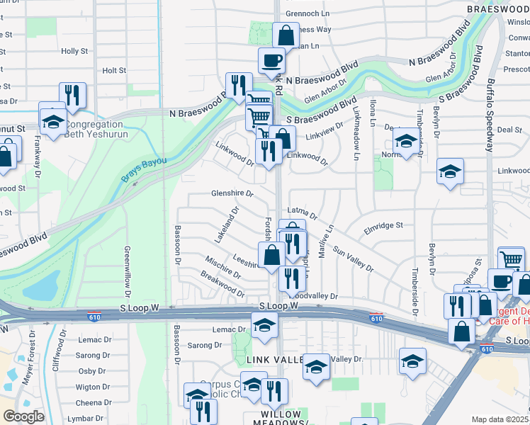 map of restaurants, bars, coffee shops, grocery stores, and more near 4002 Newshire Drive in Houston