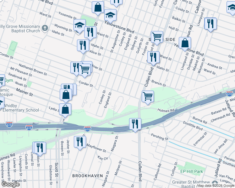 map of restaurants, bars, coffee shops, grocery stores, and more near 4206 Dreyfus Street in Houston