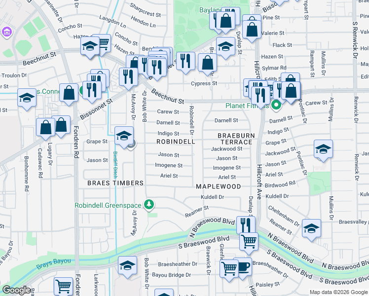 map of restaurants, bars, coffee shops, grocery stores, and more near 8634 Robindell Drive in Houston
