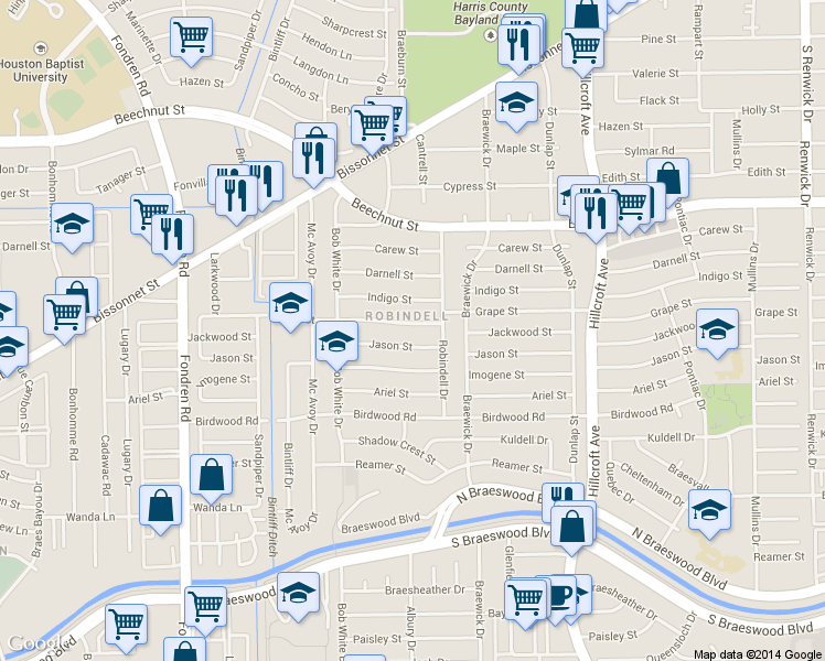 map of restaurants, bars, coffee shops, grocery stores, and more near 6148 Grape Street in Houston