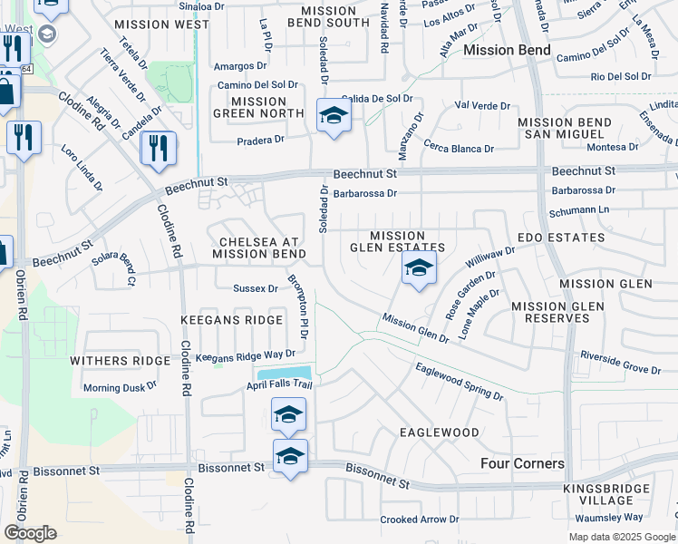 map of restaurants, bars, coffee shops, grocery stores, and more near 16219 April Ridge Drive in Houston