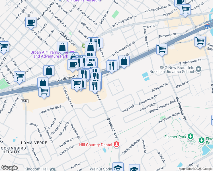 map of restaurants, bars, coffee shops, grocery stores, and more near 961 Interstate 35 in New Braunfels