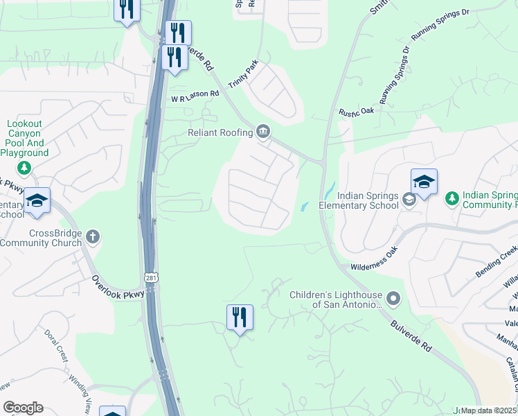 map of restaurants, bars, coffee shops, grocery stores, and more near 2614 Ladera Bend in San Antonio