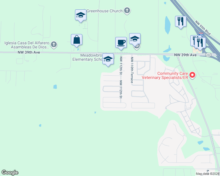 map of restaurants, bars, coffee shops, grocery stores, and more near 11315 Northwest 34th Avenue in Gainesville