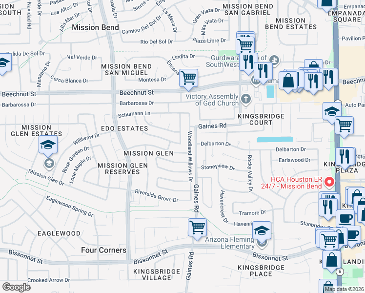map of restaurants, bars, coffee shops, grocery stores, and more near 8327 Viny Ridge Drive in Houston