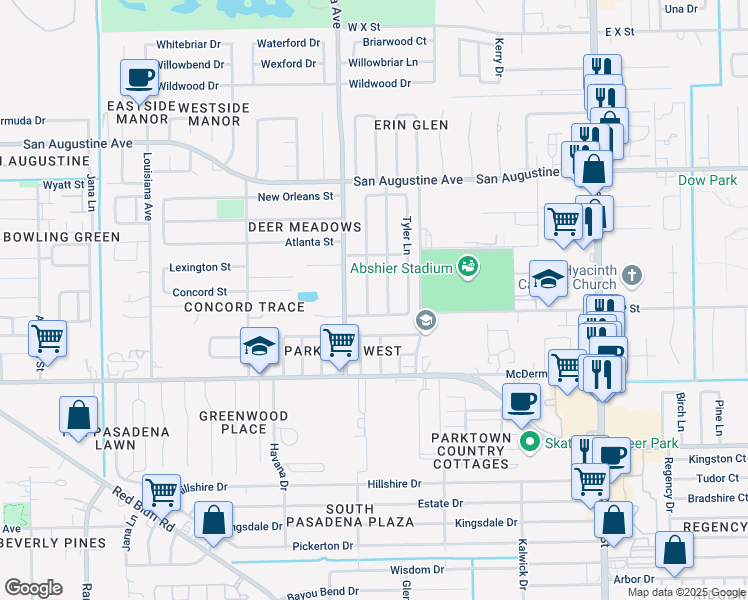 map of restaurants, bars, coffee shops, grocery stores, and more near 2705 Lufkin Lane in Deer Park