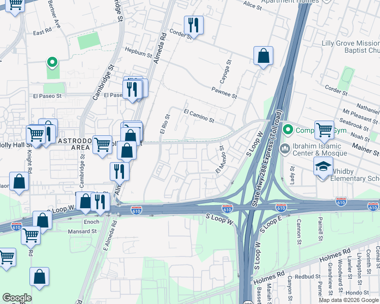 map of restaurants, bars, coffee shops, grocery stores, and more near 2700 Holly Hall Street in Houston