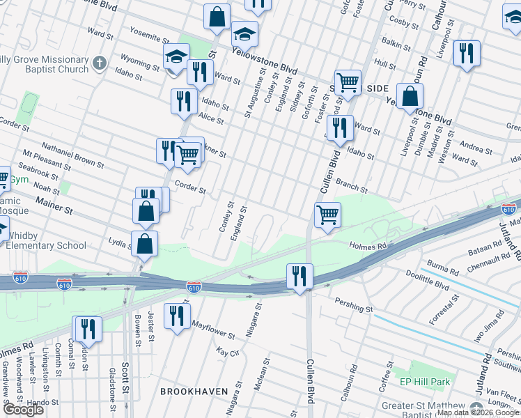 map of restaurants, bars, coffee shops, grocery stores, and more near 4206 Dreyfus Street in Houston