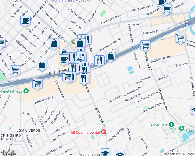 map of restaurants, bars, coffee shops, grocery stores, and more near 1045 Linde Avenue in New Braunfels