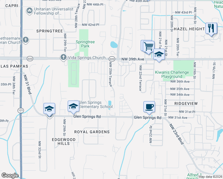 map of restaurants, bars, coffee shops, grocery stores, and more near 3531 Northwest 25th Terrace in Gainesville