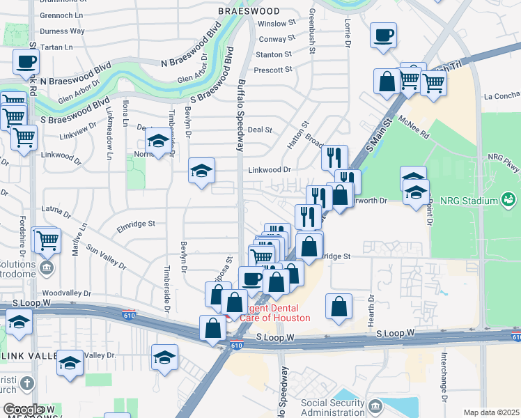 map of restaurants, bars, coffee shops, grocery stores, and more near 93 Southbelt Industrial Drive in Houston
