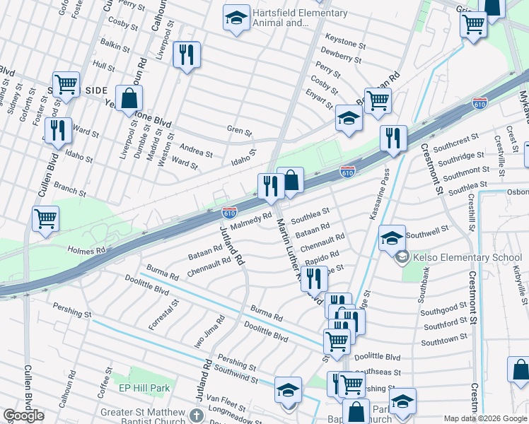 map of restaurants, bars, coffee shops, grocery stores, and more near 5221 Malmedy Road in Houston