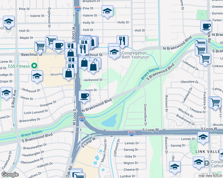 map of restaurants, bars, coffee shops, grocery stores, and more near 8877 Frankway Drive in Houston
