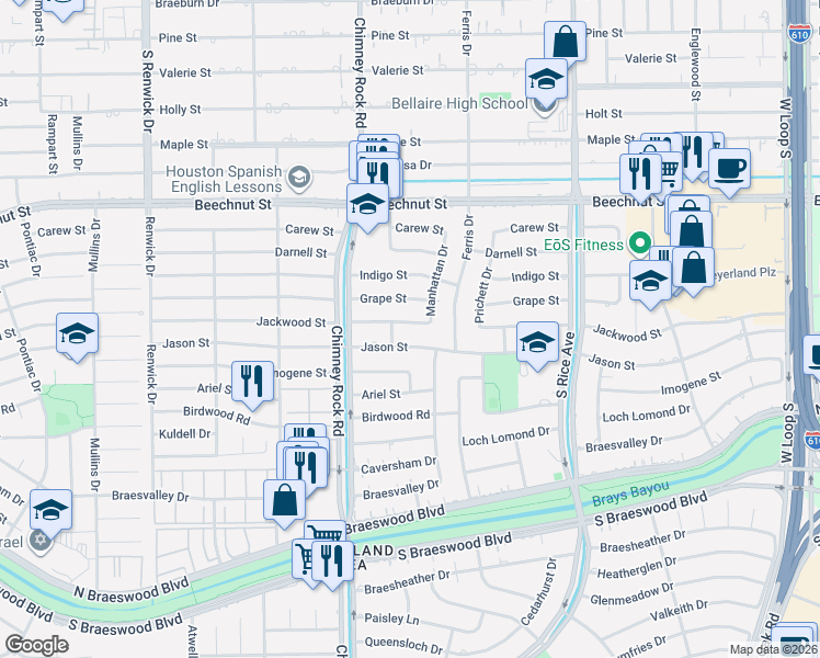 map of restaurants, bars, coffee shops, grocery stores, and more near 5214 Jackwood Street in Houston