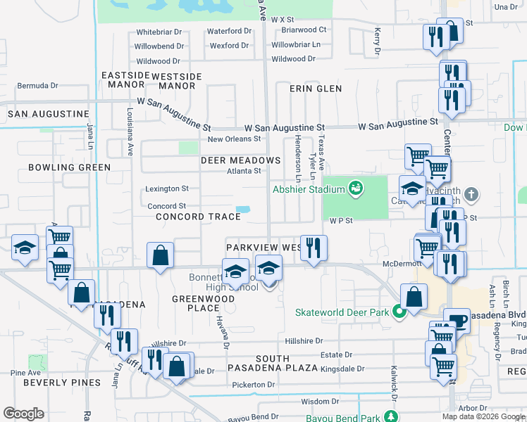 map of restaurants, bars, coffee shops, grocery stores, and more near 1902 Georgia Avenue in Deer Park