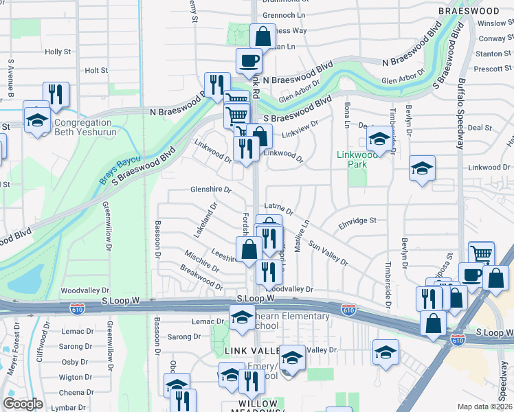 map of restaurants, bars, coffee shops, grocery stores, and more near Stella Link Rd & Latma Dr in Houston