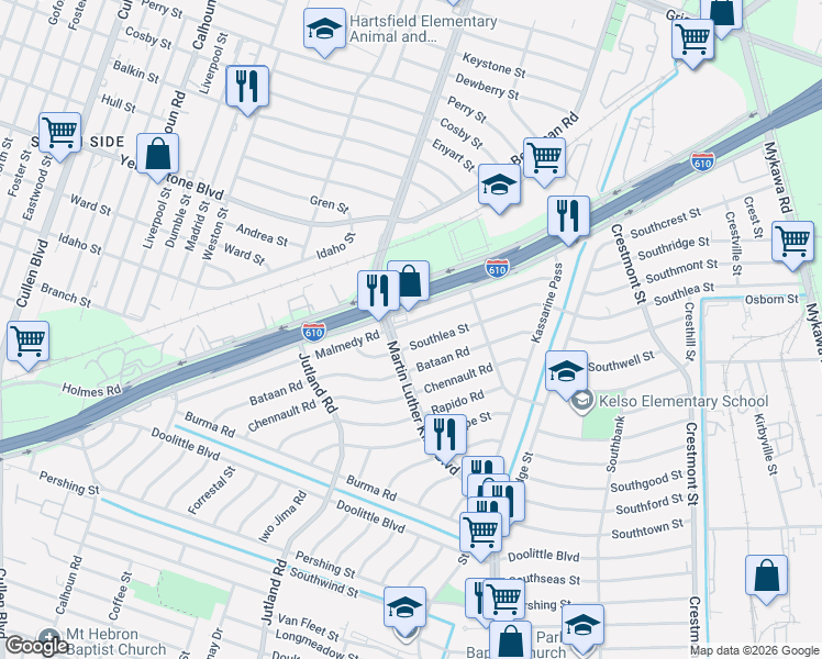 map of restaurants, bars, coffee shops, grocery stores, and more near 5312 Malmedy Road in Houston