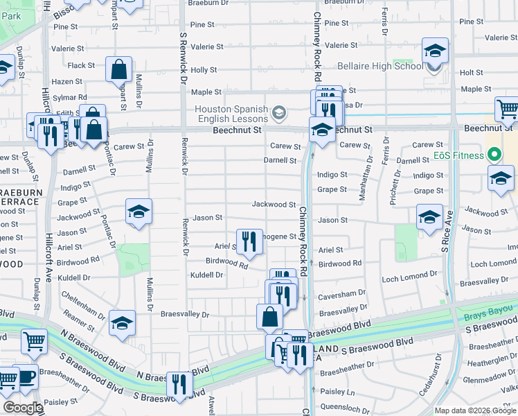 map of restaurants, bars, coffee shops, grocery stores, and more near 5403 Jackwood Street in Houston