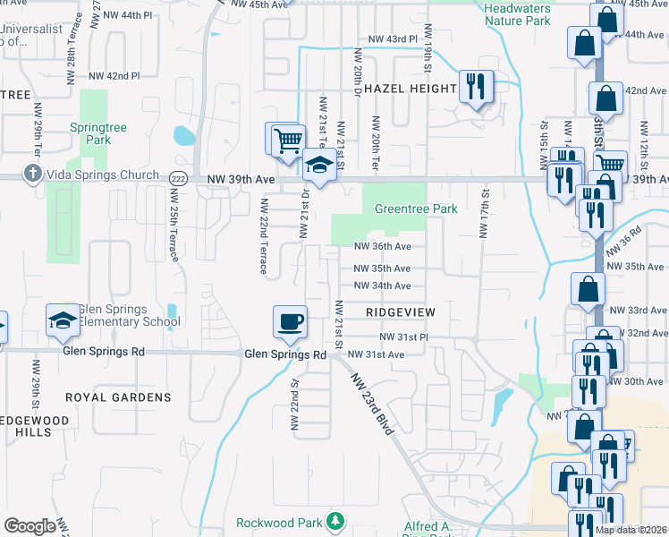map of restaurants, bars, coffee shops, grocery stores, and more near 3515 Northwest 21st Street in Gainesville