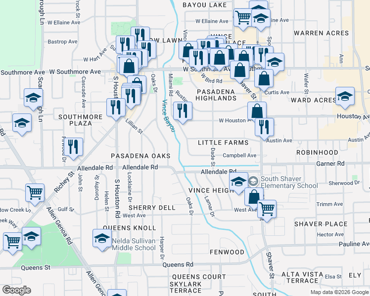 map of restaurants, bars, coffee shops, grocery stores, and more near 1804 Miami Road in Pasadena
