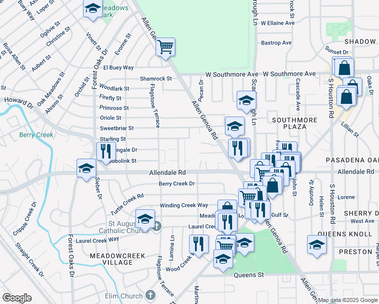 map of restaurants, bars, coffee shops, grocery stores, and more near 6005 Allendale Road in Houston