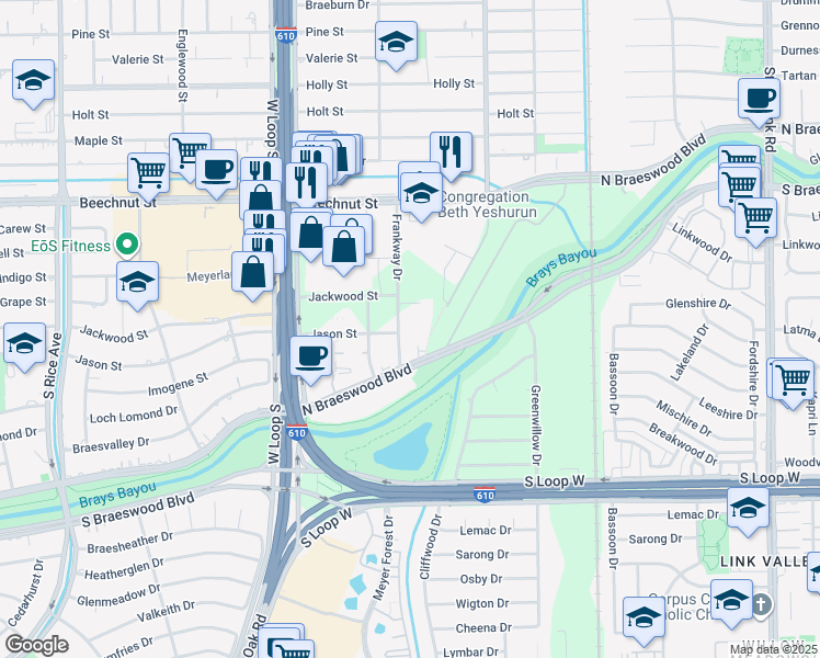 map of restaurants, bars, coffee shops, grocery stores, and more near 8877 Frankway Drive in Houston